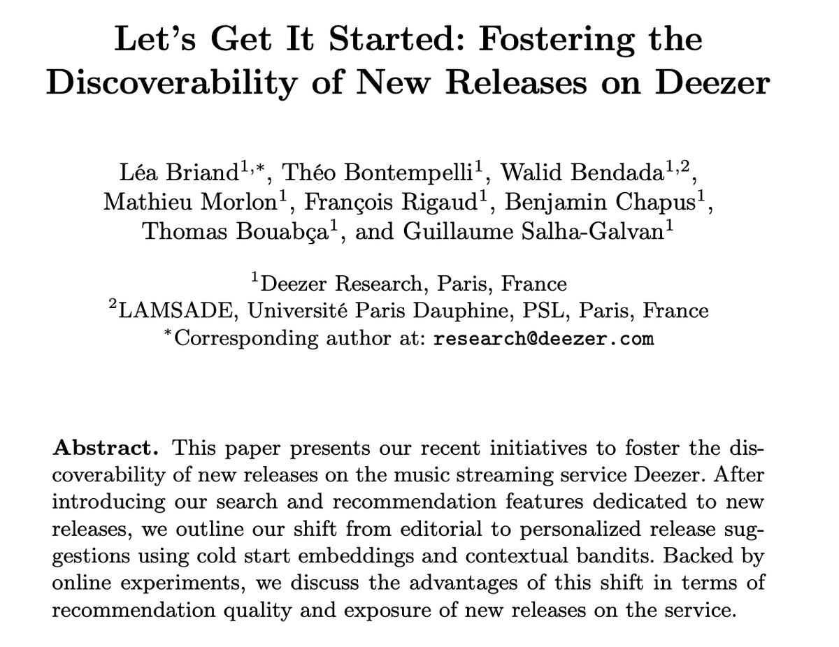 This week, Glasgow plays host to the #ECIR2024 conference! 🏴󠁧󠁢󠁳󠁣󠁴󠁿

<a href="/lea_ibrd/">Léa Briand</a> from our team is set to present our initiatives to improve the exposure and recommendation of new music releases on <a href="/Deezer/">Deezer</a>! 🎶

Check it out:
Paper: arxiv.org/pdf/2401.02827…
Slides: github.com/deezer/new-rel…