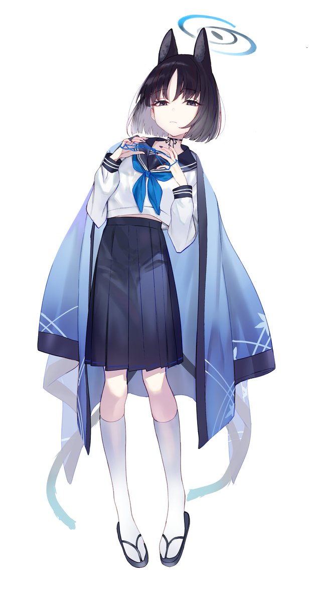 kikyou (blue archive) 1girl solo looking at viewer short hair simple background skirt black hair  illustration images