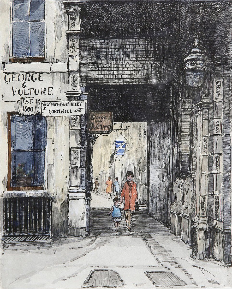 Mentioned numerous times in Dickens’ ‘Pickwick Papers’ and reputed to be a meeting place of the notorious Hellfire Club, The George and Vulture is still open today 🍻 

Headquarters of the Pickwick Club, London (Watercolour and Ink) by Flora H. Mitchell (1890-1973) #Art