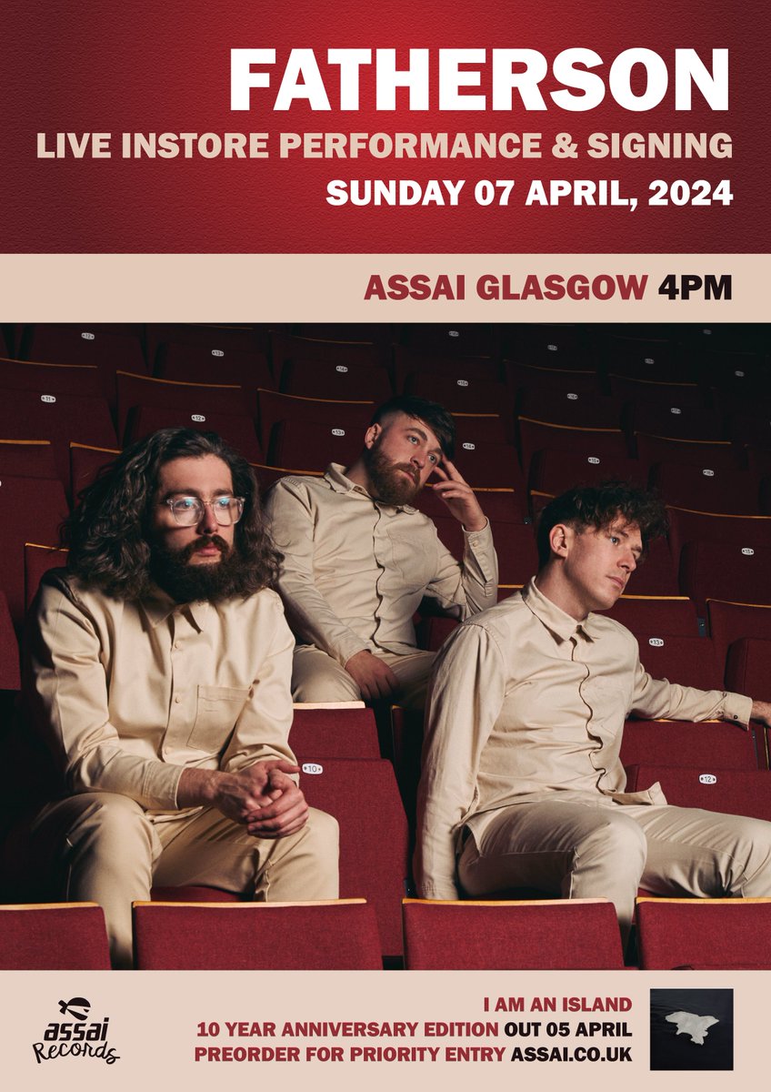 fathersonband's tweet photo. @Assai_UK We’ll be playing some songs in-store at the Glasgow @Assai_UK shop at 4pm on April 7th - pre-order the obi edition from Assai records for priority entry. Hope to see you there 🙌 https://t.co/DlCLcXSfE3