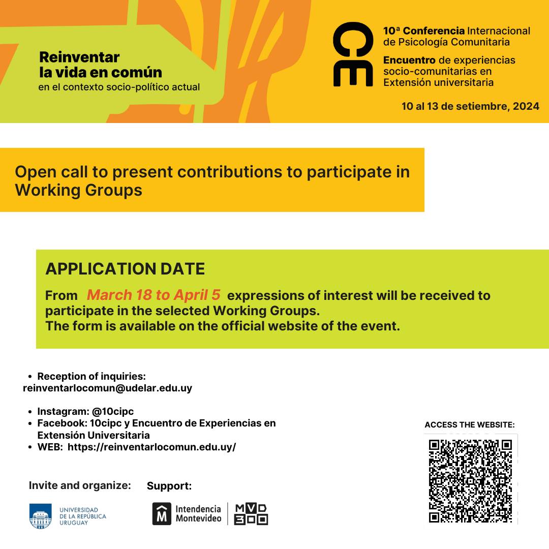 Call: Expressions of Interest to Participate in Working Groups 10th International Conference on Community Psychology Montevideo, Uruguay 10-13 September 2024
