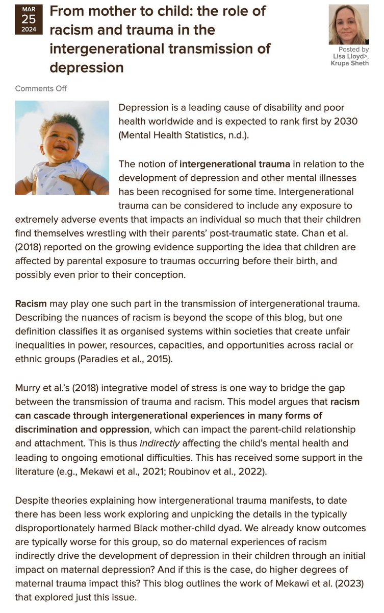 Dr Lisa Lloyd and Krupa Sheth summarise a study investigating the role of racism and trauma on the intergenerational transmission of depression between Black mothers and their children nationalelfservice.net/?p=189563 A study by @yaramekawi published in @JAACAP