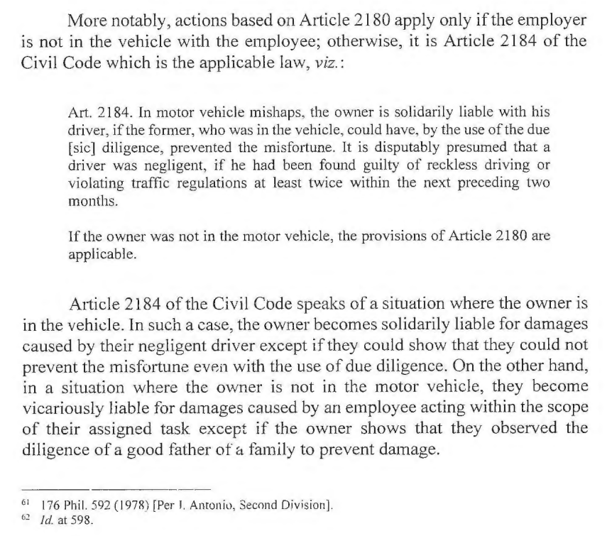 ohlistic's tweet photo. SC: Primary solidary liability of vehicle's registered owner under 2180, CC, for negligence by their employed driver, applies only if employer is not in the vehicle. Otherwise, it is 2184, CC, that is basis for employer's liability. (Semilla v. Fuchs, G.R. 258557, 23 Oct 23) https://t.co/xrRj4uZG2L