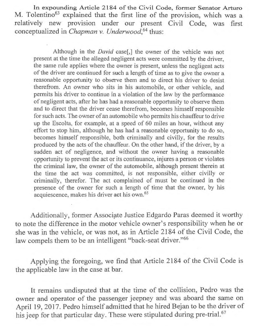 ohlistic's tweet photo. SC: Primary solidary liability of vehicle's registered owner under 2180, CC, for negligence by their employed driver, applies only if employer is not in the vehicle. Otherwise, it is 2184, CC, that is basis for employer's liability. (Semilla v. Fuchs, G.R. 258557, 23 Oct 23) https://t.co/xrRj4uZG2L