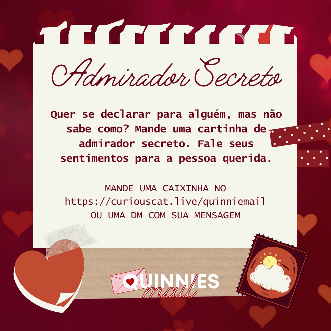 quinniemail's tweet image. • ♥︎ • Love Edition • ♥︎ •

Nossa caixinha voltou 
curiouscat.live/quinniemail

Quando for mandar seu recadinho, diga se é da do Love Edition, ou mail normal