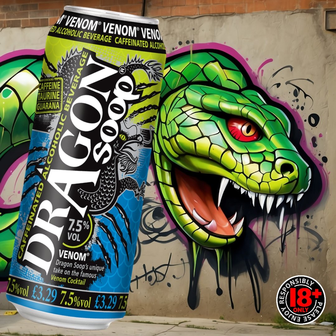 Dragon Soop Venom. Sleek. Captivating. Mysterious.... #DragonSoop is 7.5% ABV with caffeine, taurine & guarana >> dragonsoop.com 18+ only. Please enjoy responsibly