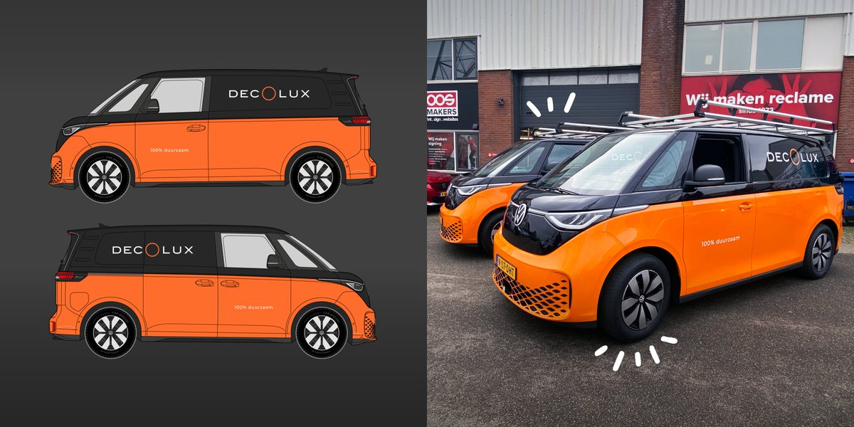Goosprintensign's tweet image. Van platte schets naar realisatie! Voor Decolux hebben wij deze gloednieuwe Volkswagen ID Buzz mogen wrappen. Dat is nog eens een gave bedrijfsbus. 🧡

Wil jij ook opvallende #autosigning? Ga naar goosreclamemakers.nl/producten/auto…