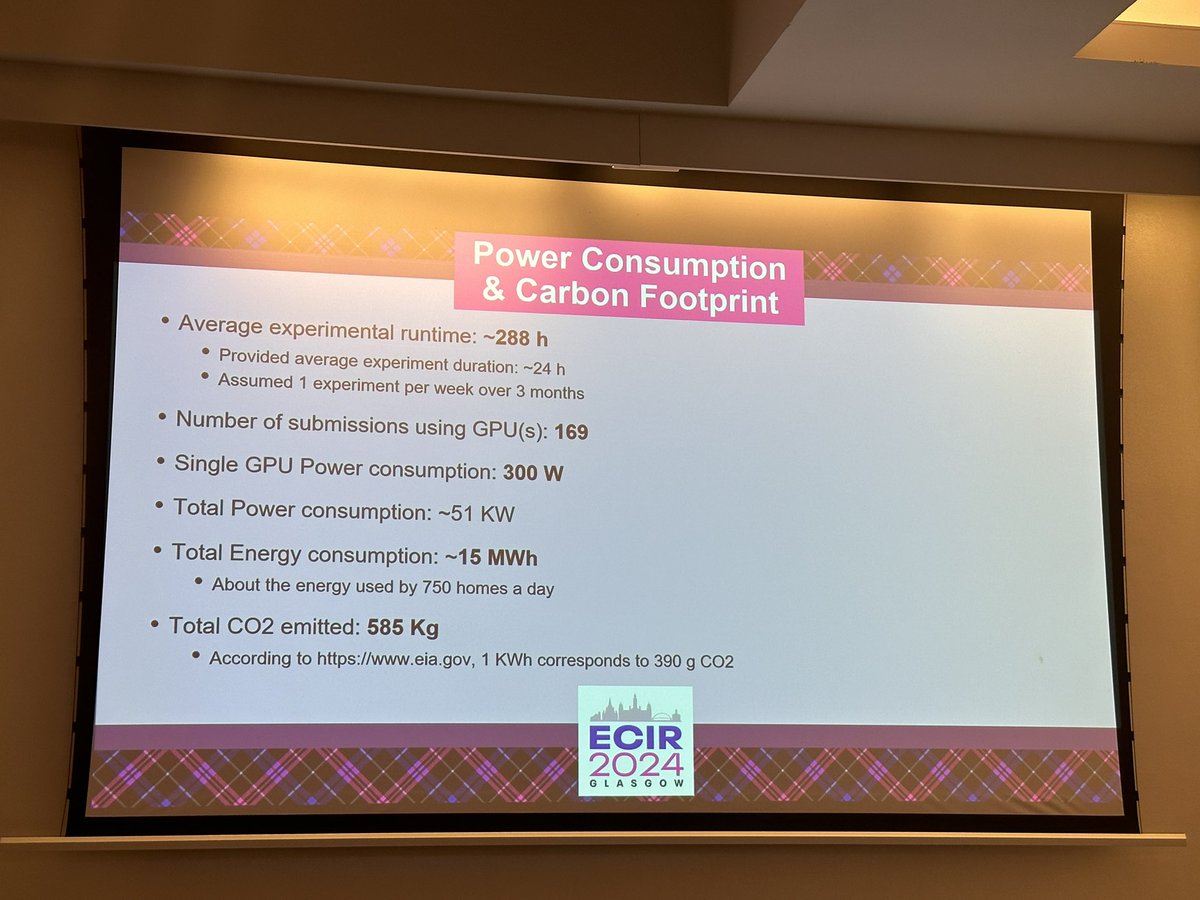 @ecir2024 .@ntonellotto giving insights about tools, datasets, resources used and shared by the community in preparing submissions for #ecir2024 @ecir2024 And important estimates about power consumption and carbon footprint of an ECIR submission: 750 houses for 1 day and half ton of CO2
