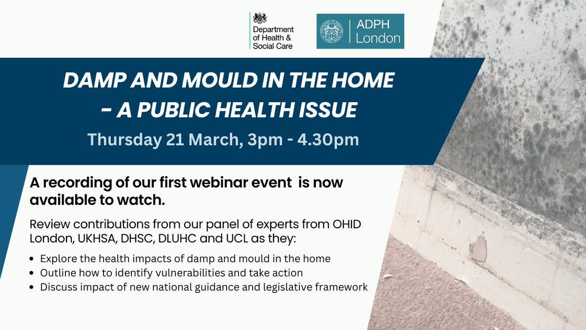 If you missed last week's webinar on #dampandmould in the home as a public health issue in partnership with OHID London @UKHSA and @luhc you can watch it now 📽️▶️bit.ly/3IRBwoE