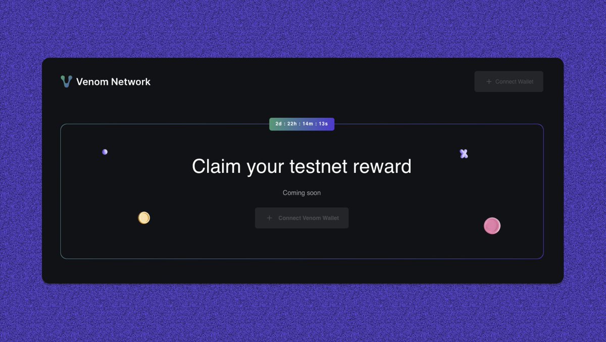 You will be able to claim your $VENOM testnet airdrop in 3 days. Link: rewards.venom.network No more details announced till now.