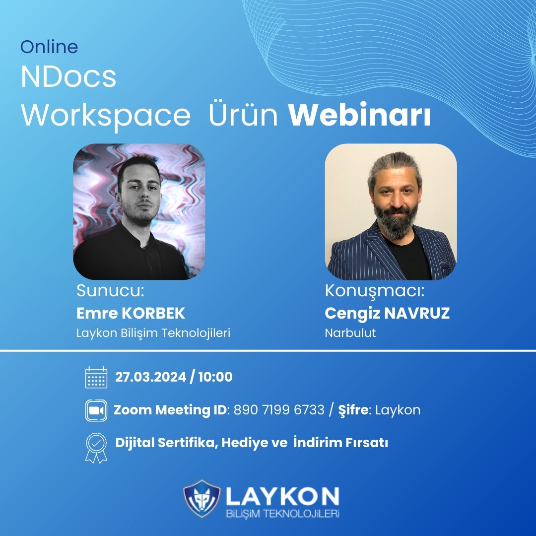 27 Mart 2024'te Narbulut'un NDocs Workspace webinarı var. Sunucu Emre KORBEK, konuşmacı Cengiz NAVRUZ olacak. Konular arasında nDocs Workspace özellikleri ve güvenli paylaşım bulunuyor. Katılımcılara hediyeler verilecek. Katılmak için: l24.im/47uXa #laykon #narbulut