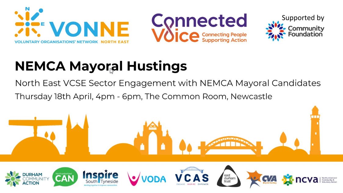 Join us and partners from across the region for the #NEMCA Mayoral Hustings on Thursday 18 April from 4.00 p.m. - 6.00 p.m. at The Common Room, Neville Hall, Newcastle, NE1 1SE This event is kindly supported by the Community Foundation. Register at lnkd.in/eqJVdDBE