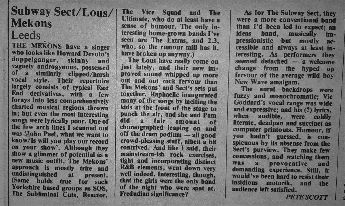 A review of Lous, Subway Sect & The Mekons' gig at Leeds in Sounds 25th, March 1978 by Pete Scott. @VincentRE79 @TheMekons @vic_subwaysect