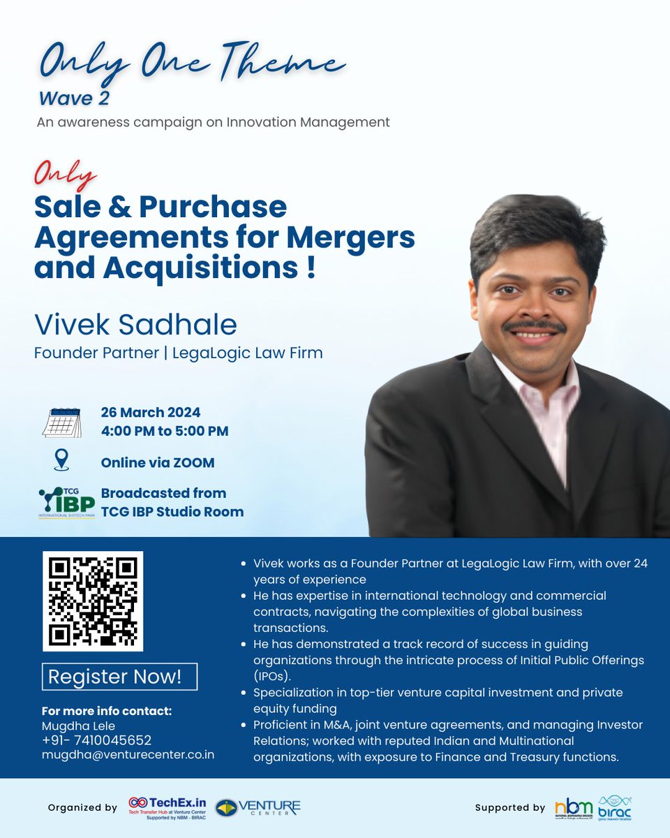 Join us tomorrow for a talk on: Only Sale and Purchase Agreements for #MergersAndAcquisitions! Date: 26th March 2024 | Time: 4:00– 5:00 pm Register: us02web.zoom.us/meeting/regist… Know more: techex.in/only-one-theme… #inventor #tto @BIRAC_2012 @vinitajindal01 @venture_center @premnathv6