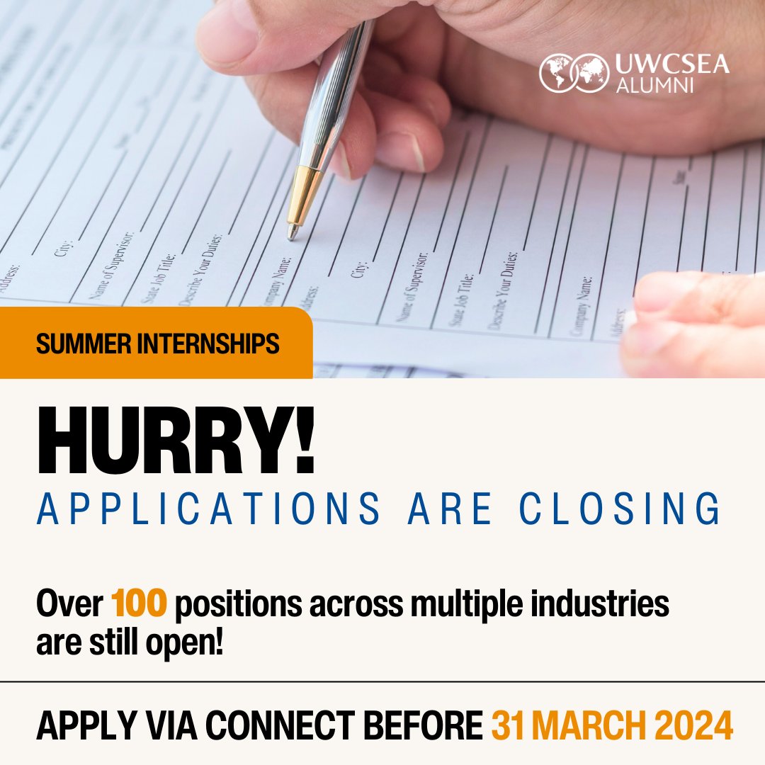 Tick tock, tick tock, less than a week before applications for our summer internships close. Hurry on and explore over 100 opportunities on the Job Board in UWCSEA Connect: alumni.uwcsea.edu.sg/jobs Remember to apply by 31 March. All the best on your career exploration journey!