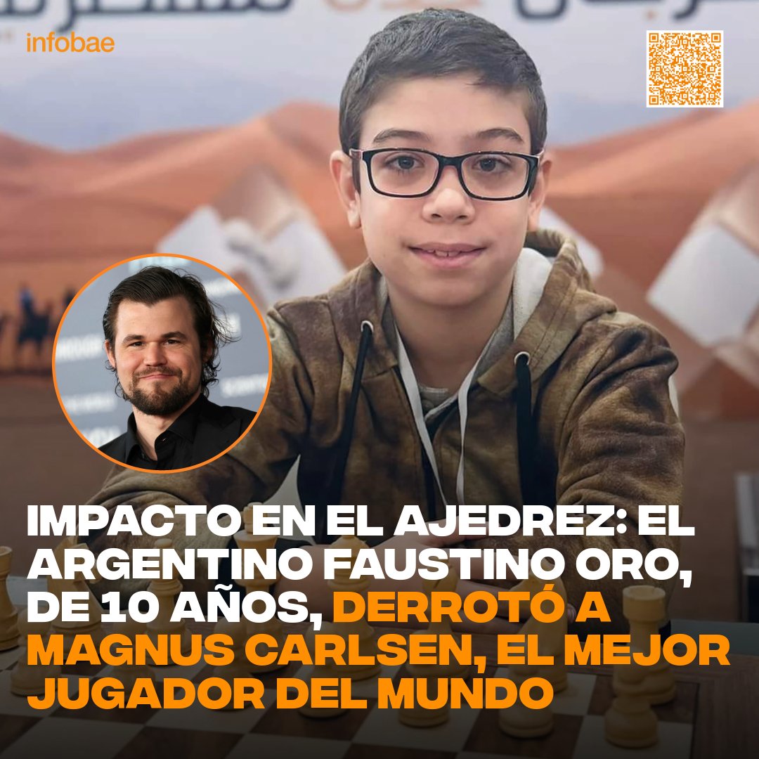 infobae's tweet photo. Impacto en el ajedrez: el argentino Faustino Oro, de 10 años, derrotó a Magnus Carlsen, el mejor jugador del mundo https://t.co/GiY9JHMiot https://t.co/CHXGVKVAKW