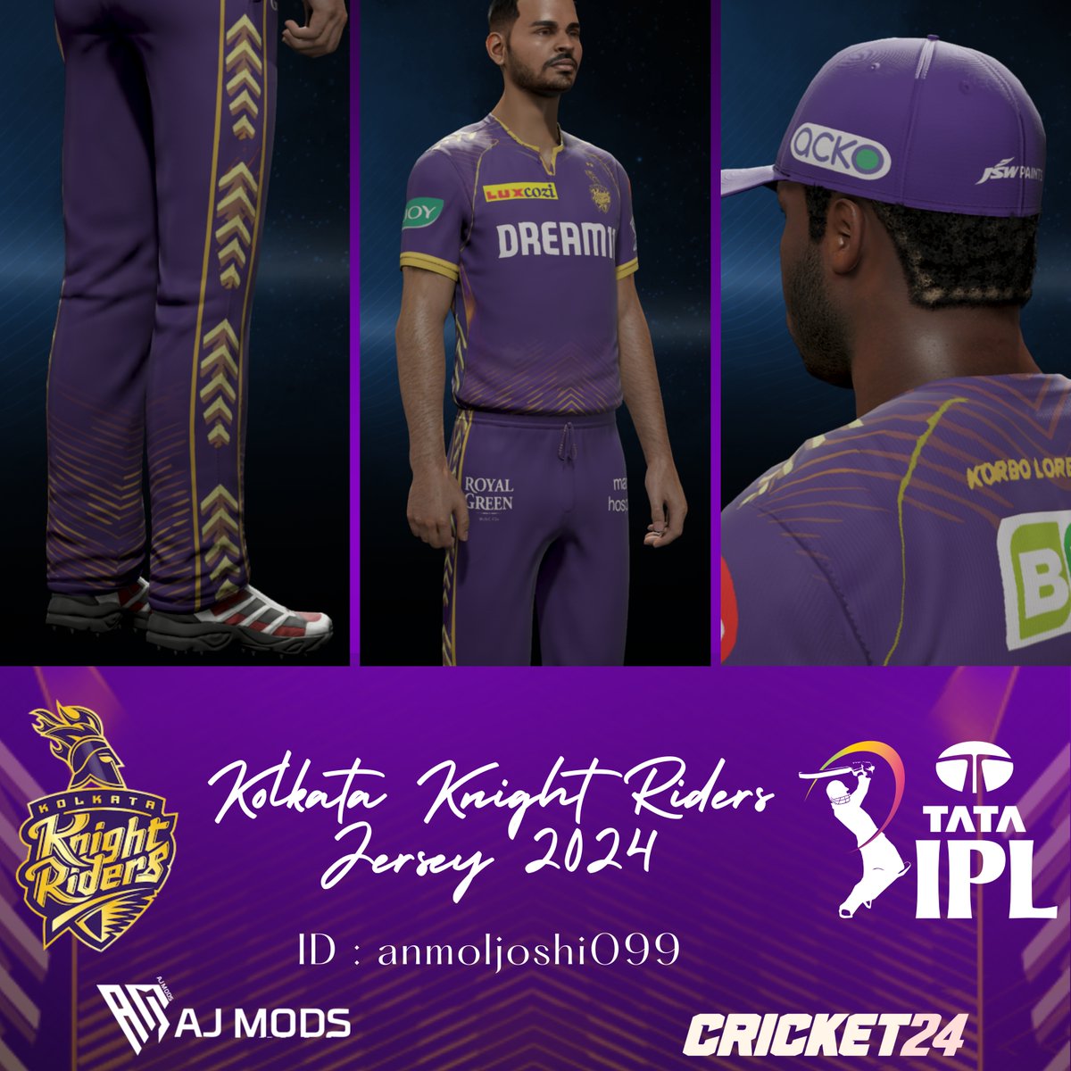 Happy Holi Everyone! 🎉🎨 KKR Hai Taiyaar 🏏 Gear up with the iconic KKR Jersey for Cricket 24 🟣🔥 Download Now From ID: anmoljoshi099 🖥️💻 #IPL2024 #KKR #AJMods #Cricket24 🏆🏏