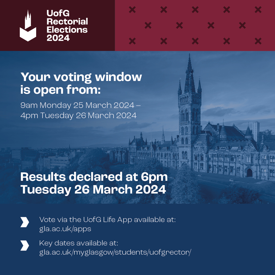 Voting for the next UofG Rector is now open! 🗳️ Key info: • Vote via the UofG Life App 📲 • Voting closes Tue 26 March at 4pm • Results declared on Tue 26 March after 6pm More info ➡️ gla.ac/UofGRector2024 #UofGRector2024