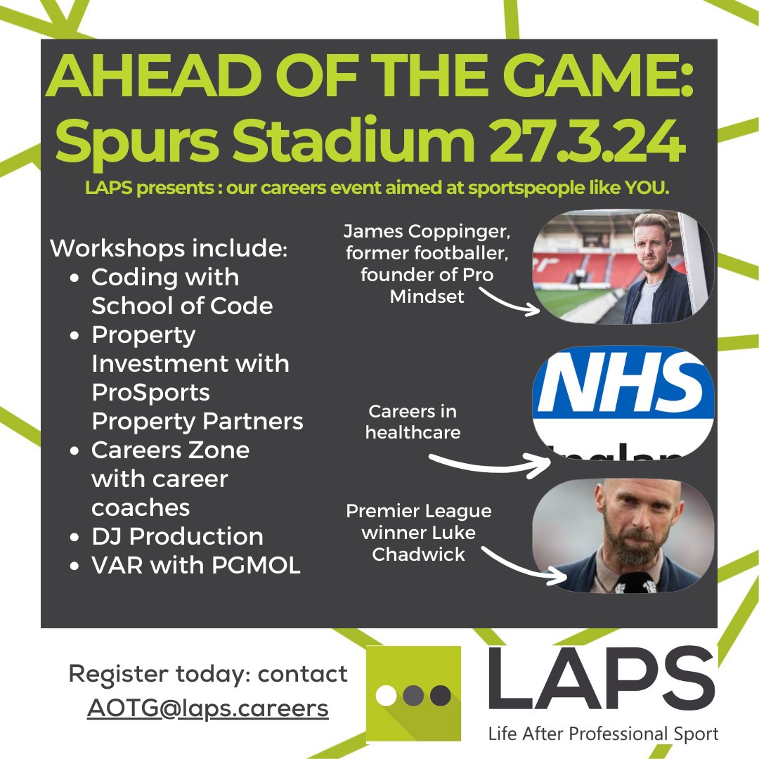 LAST CHANCE to attend Ahead of the Game 2024. We're at Spurs Stadium, north-west London, this Wednesday afternoon. There will be something for everyone, whatever your career aspirations, age or stage. To book, visit LAPS - Events. @Coppinger26 @Luke_FFF @NHSsoutheast