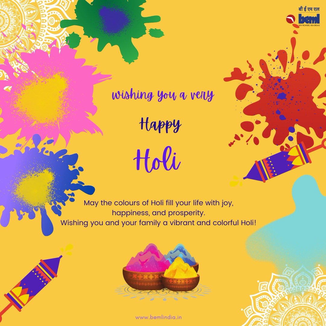 BEML wishes everyone a peaceful, harmonious festival of Holi . Let’s celebrate the triumph of good over evil and the arrival of spring with joyous festivities. Happy Holi!
