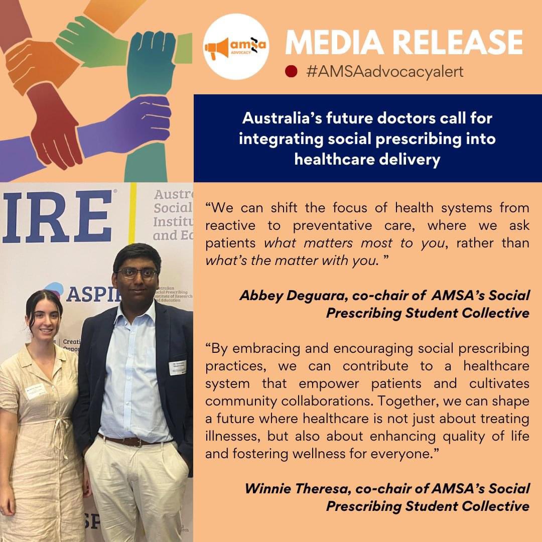 yourAMSAspsc's tweet photo. 📣 MEDIA RELEASE - SOCIAL PRESCRIBING IN HEALTHCARE 📣 

Recently, our AMSA SPSC Co-Chair attended the ASPIRE roundtable to call for greater funding and widespread adoption of social prescribing @creatingopps 

🔗 Check out the full MR on our website: https://t.co/EjSNyO2otw https://t.co/hDY1nJRcW8