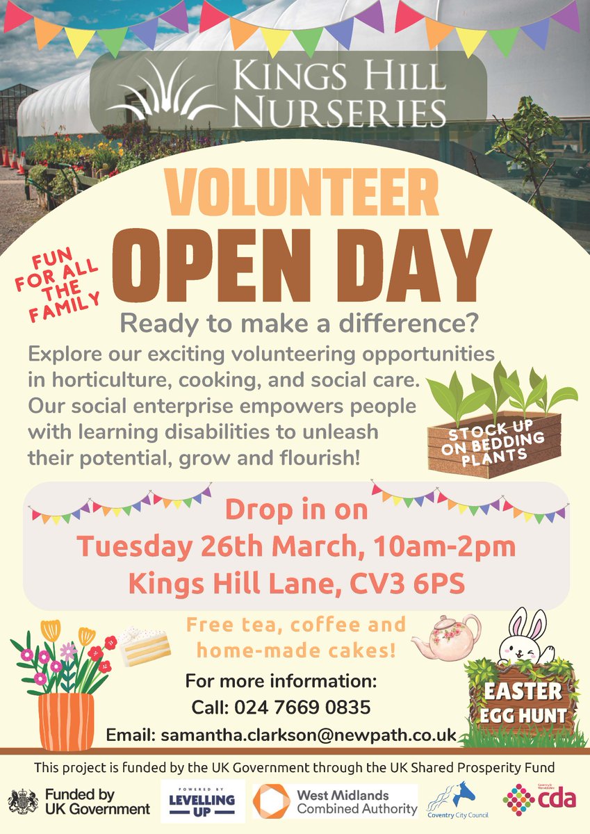 Cov & Warks CDA (@cw_cda) on Twitter photo TOMORROW!  #Coventry #volunteering 
Explore the exciting volunteering opportunities in horticulture, cooking and social care at Kings Hill Nurseries. Come and to see what they do and enjoy free tea, coffee and homemade cakes. Free Easter Egg hunt for children. TOMORROW!  #Coventry #volunteering 
Explore the exciting volunteering opportunities in horticulture, cooking and social care at Kings Hill Nurseries. Come and to see what they do and enjoy free tea, coffee and homemade cakes. Free Easter Egg hunt for children.