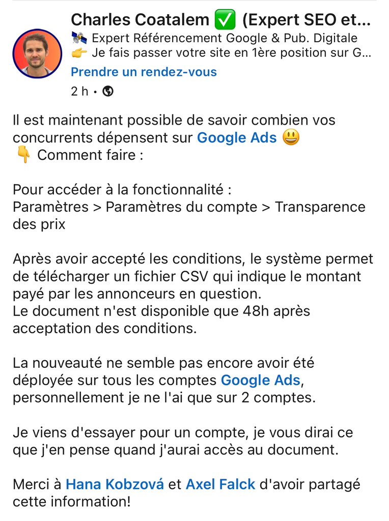 fabienr34's tweet photo. Il est maintenant possible de savoir combien vos concurrents dépensent sur Google Ads.

Pour accéder à la fonctionnalité :
Paramètres > Paramètres du compte > Transparence des prix

Source : https://t.co/GQIVip68nV https://t.co/gjgqGUfnsd