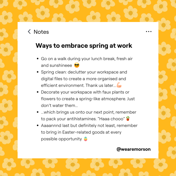 🌸 Spring is in full swing and Easter is just around the corner, making it the ideal time to spruce up our workplace. We've already got a few ideas in mind, but we're always open to more suggestions! 🐰✨ And yes, Easter eggs are definitely on our list!