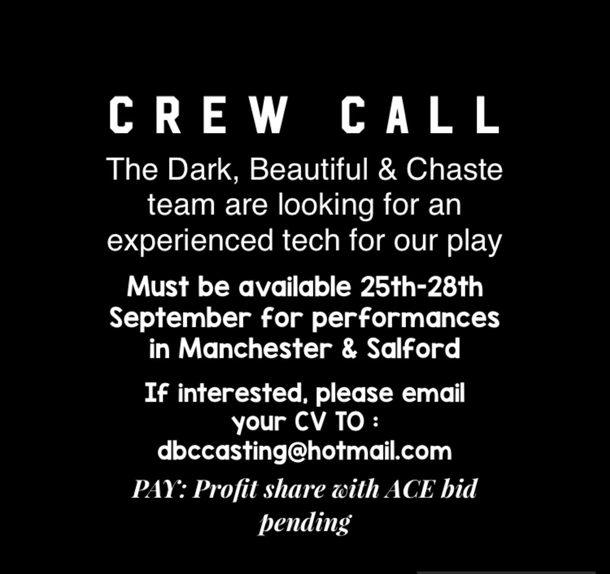 📣OPPORTUNITY📣 A great opportunity is available for an experienced tech. Please email DBCcasting@hotmail.com or I’d be very grateful if you would give this post a retweet ❤️🎭 #Opportunity #technician #performance #theatre #Mondayvibes #Creative #northwest