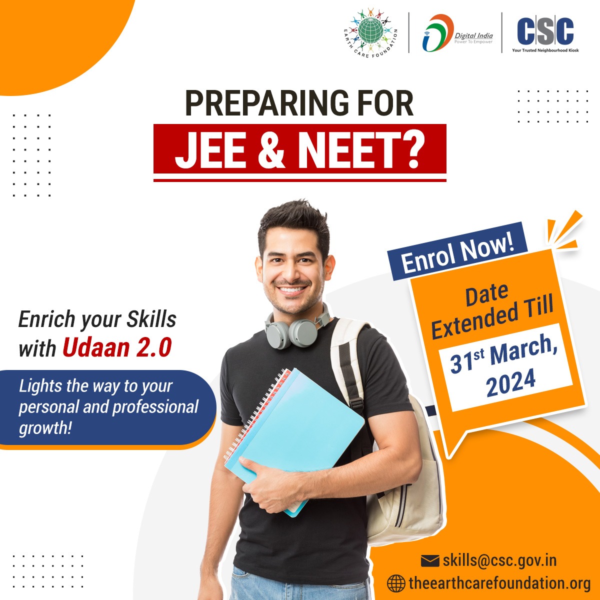 Preparing for JEE & NEET?? Enrol now & Boost your #JEE/#NEET preparations with Udaan 2.0!! Registration Date Extended: 31st March, 2024 For more information, write us on skills@csc.gov.in #CSC #DigitalIndia #CSCAcademy #DigitalInclusion #CSCEducationServices @naveensharmacsc