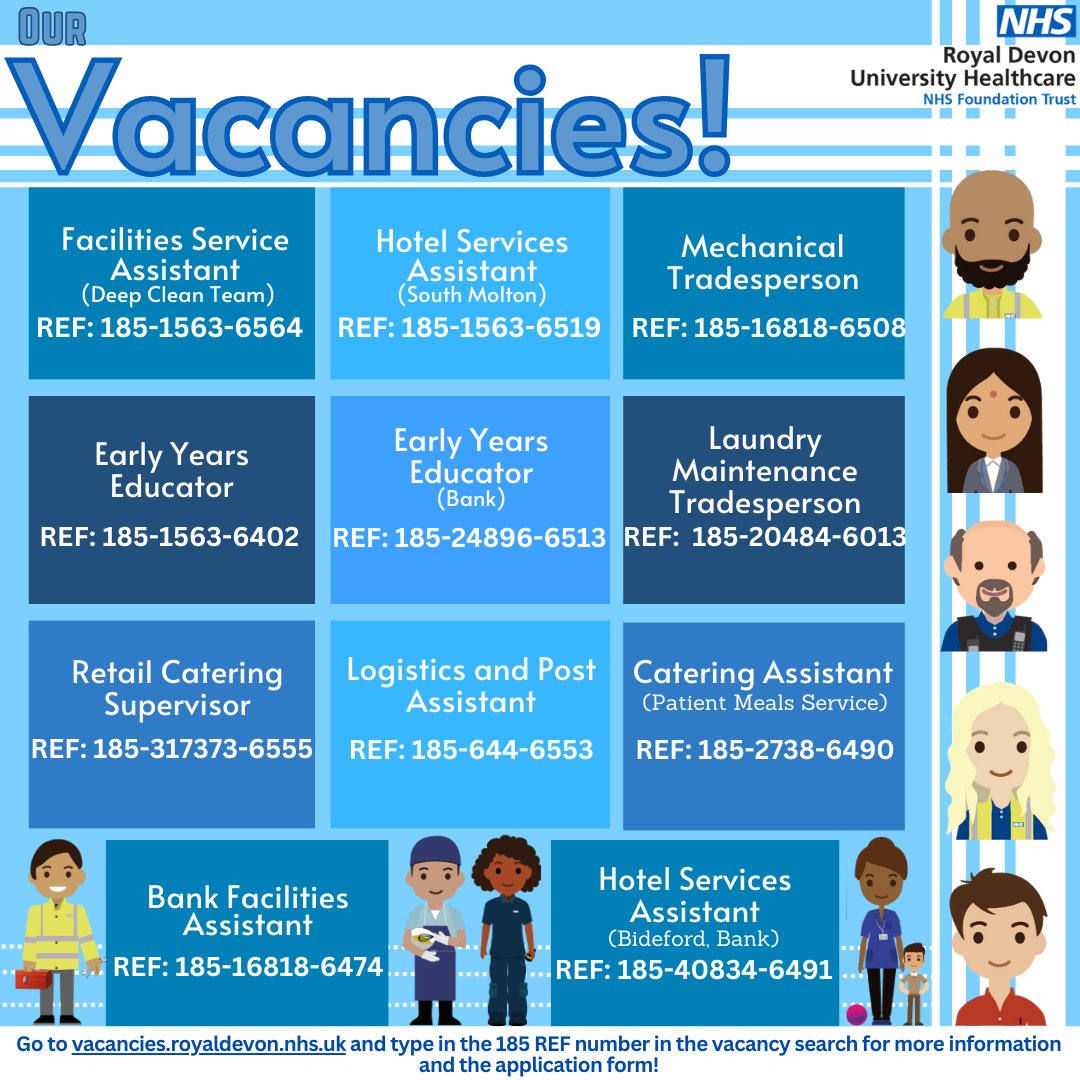 We're recruiting! ✊ Fancy a new career change? a new challenge? Here at Estates and Facilities, we've got a few vacancies out now! ...Interested? Click the link below, enter the relevant REF number in the search to get started! vacancies.royaldevon.nhs.uk