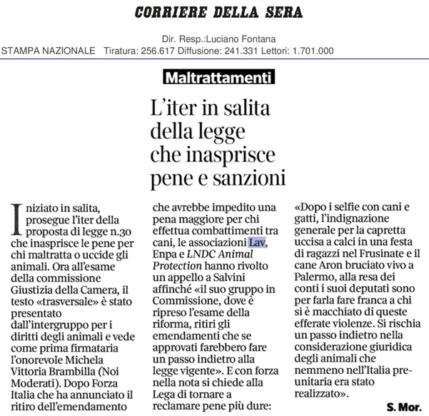 Maltrattamenti: oggi su <a href="/Corriere/">Corriere della Sera</a> si parla dell'esame in <a href="/CD_giustizia/">Camera - Giustizia</a> della legge che riprende dopodomani e del nostro appello a <a href="/matteosalvinimi/">Matteo Salvini</a> affinché <a href="/LegaCamera/">Lega Camera</a> ritiri emendamenti contro la tutela degli animali!

🖊️<a href="/MorosiSilvia/">Silvia Morosi</a>