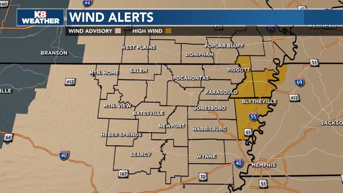 NEW: High Wind Warning of Mississippi, Dunklin, & Pemiscot Counties. The rest of us are under a Wind Advisory. Strong Winds for all today! #ARWX #MOWX
