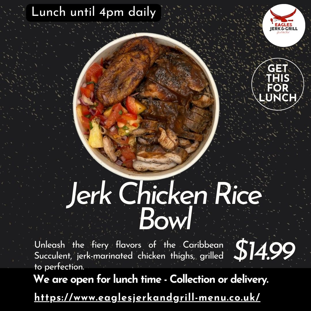 EaglesJerk's tweet photo. Treat yourself to our delectable Jerk Chicken Rice Bowl for just $14.99. 🌴

Whether collection or delivery, spice up your lunch experience with our authentic flavors.

Order now and embark on a culinary journey.

#JerkChickenRiceBowl
#Jamaicanrestaurant https://t.co/BUpTPi2SqL