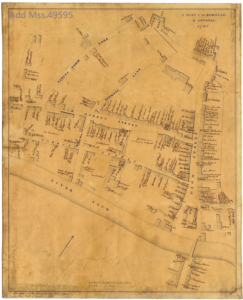 #MapMonday 🗺️ - Today we are sharing a plan of the Borough of Arundel from 1785. As you'll see the castle is excluded from this rough sketch but it gives street names, names of inns and public houses. It also shows the River Arun, orchards and a nursery