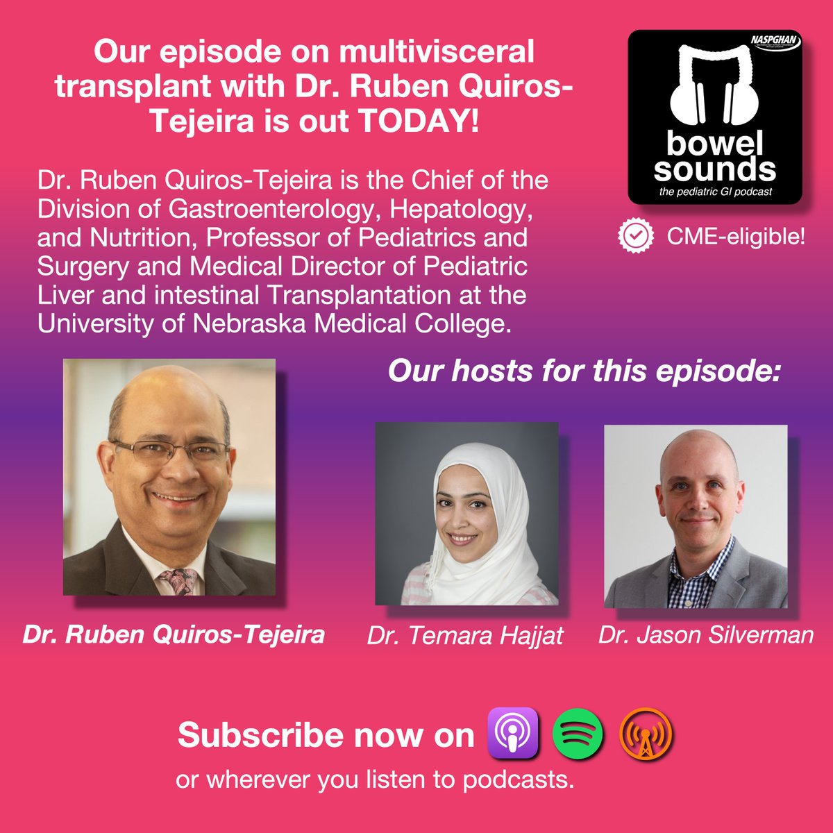 Out TODAY! Get the lowdown on multivisceral transplantation with Dr. Ruben Quiros-Tejeira. Complex population, but clear conversation – don't miss it! 🎧 👉 buzzsprout.com/581062/14731001 @temarahajjat @DrJSilverman @PLLU @JenniferLeeLee1 @NASPGHAN
