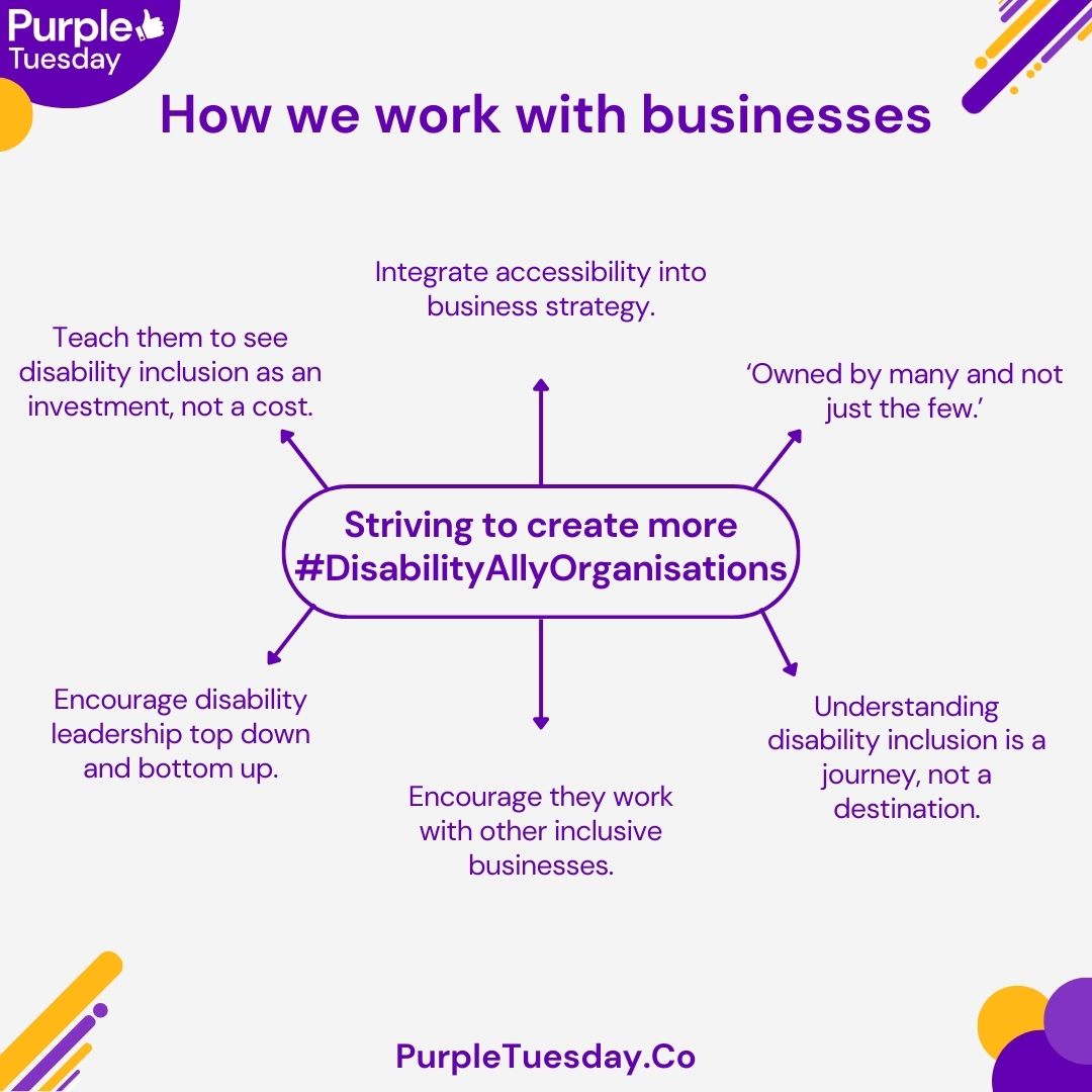 Is your organisation striving to become strong #DisabilityAllies ? Looking to create a more accessible and inclusive environment for your disabled staff and customers? Visit purpletuesday.co today to find out how we can help you. #Inclusion #Disability #PurpleTuesday