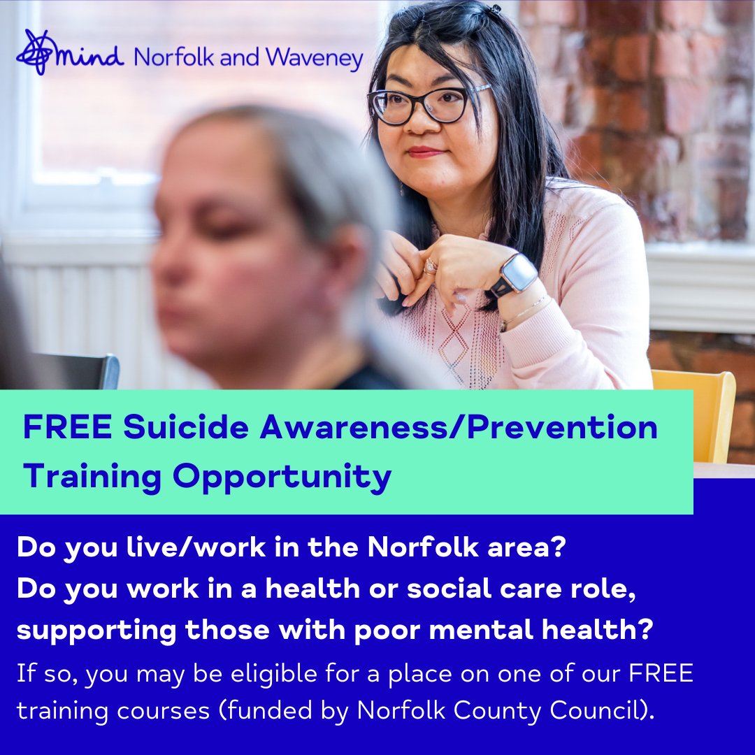 You may be eligible for a place on one of our free training courses. 1 Day Suicide Responders (9.30am-4.30pm): 📅28th March 2024 (Norwich) 📅9th April 2024 (Dereham) Book your place here: forms.office.com/e/uiBj37mVKW