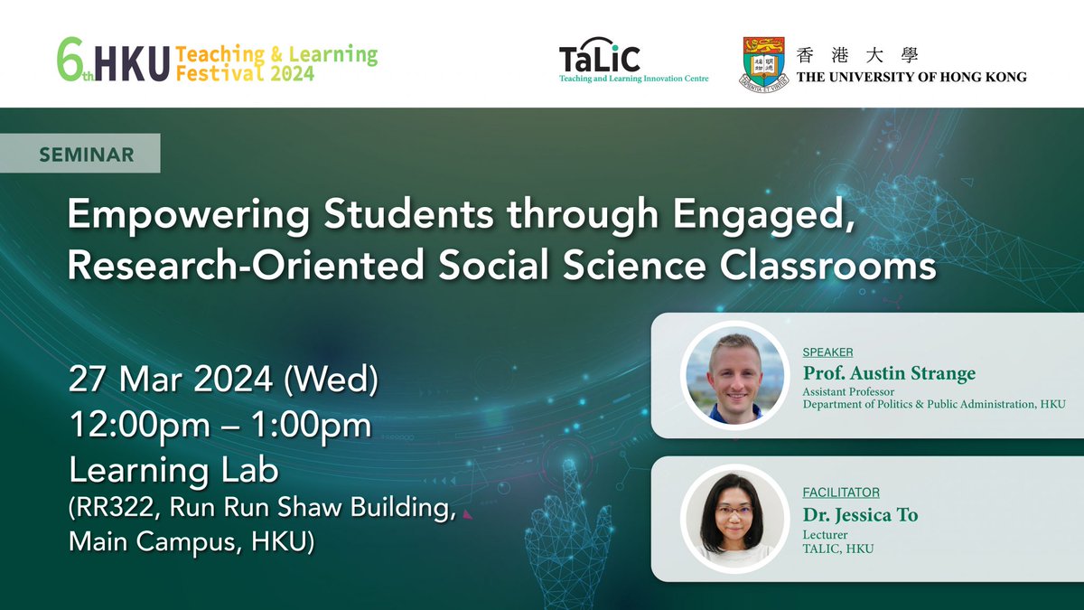 📣Join Prof. Austin Strange to unlock the key to increasing student research opportunities and improving learning experiences at the 6th #HKUTandLFest! 📚 Reserve your spot now at www2.talic.hku.hk/events/regist/…🎟️ #TALIC_Event #HKU #INSPIRE