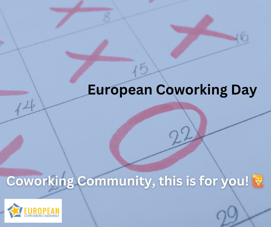 Save the date! European Coworking Day is on May 22, 2024. Join us in celebrating the power of coworking and connecting communities! Become an ambassador or share your ideas by DMing @logikker 

#ConnectingCommunity #coworking #unconference