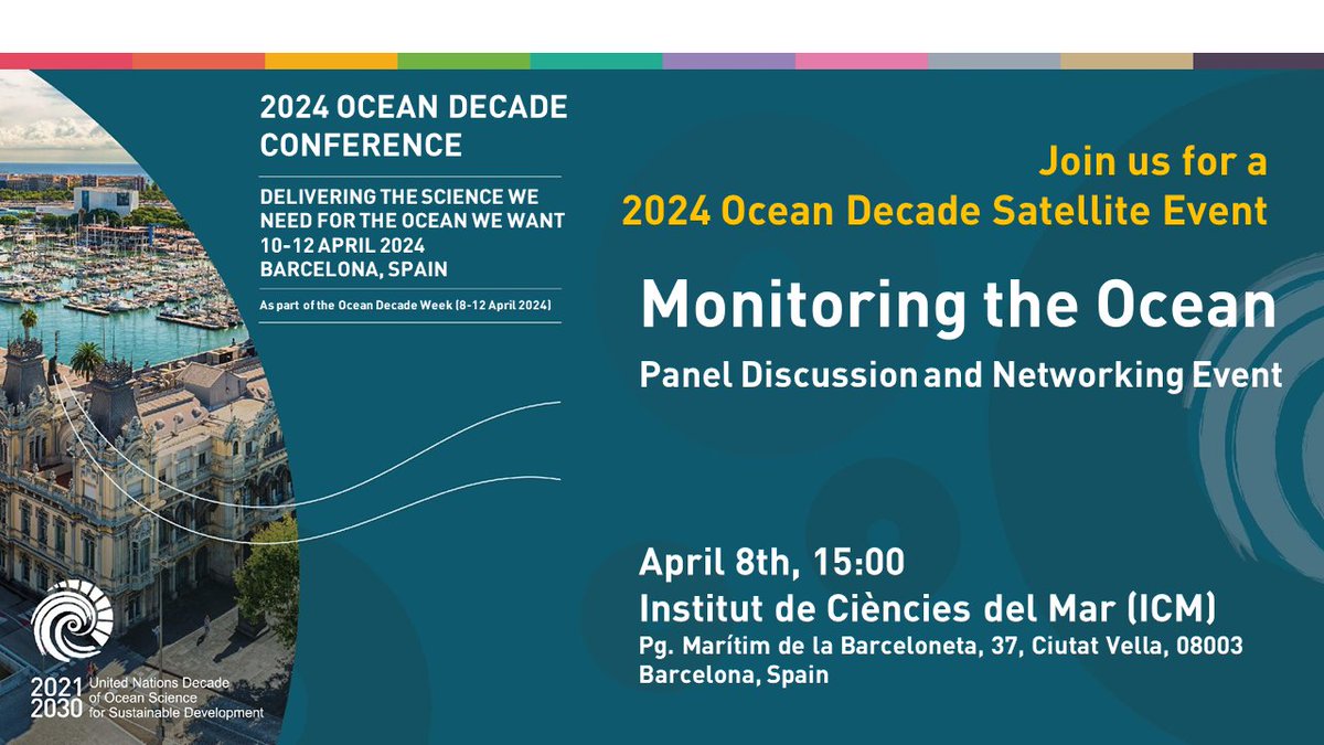 🛰️ Satellite event @UNOceanDecade 'Monitoring the Ocean: Panel Discussion and Networking Event' 📅 8 April, 15:00 - 16:30 PM 📍 Institut de Ciències del Mar Organized by our colleagues @BECICMRS @teledetect @GHRSST 🔗 docs.google.com/forms/d/e/1FAI…