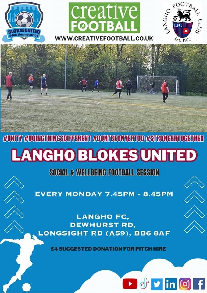 Join us tonight Langho blokes united for some casual, social football! No pressure & no sign up! #FootballTherapy & #PeerSupport! #DontBeOnYerTod