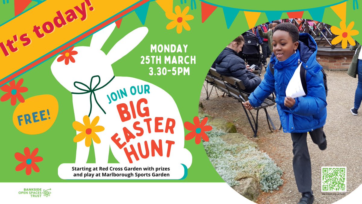 It's today! We're marking the last week of term with a BIG Easter Hunt in Red Cross Garden from 3.30pm today. Expect big bunnies, chocolate treats and lots of fun! Thanks to @lb_southwark for supporting this event and our other seasonal community activities! #Southwark #Today