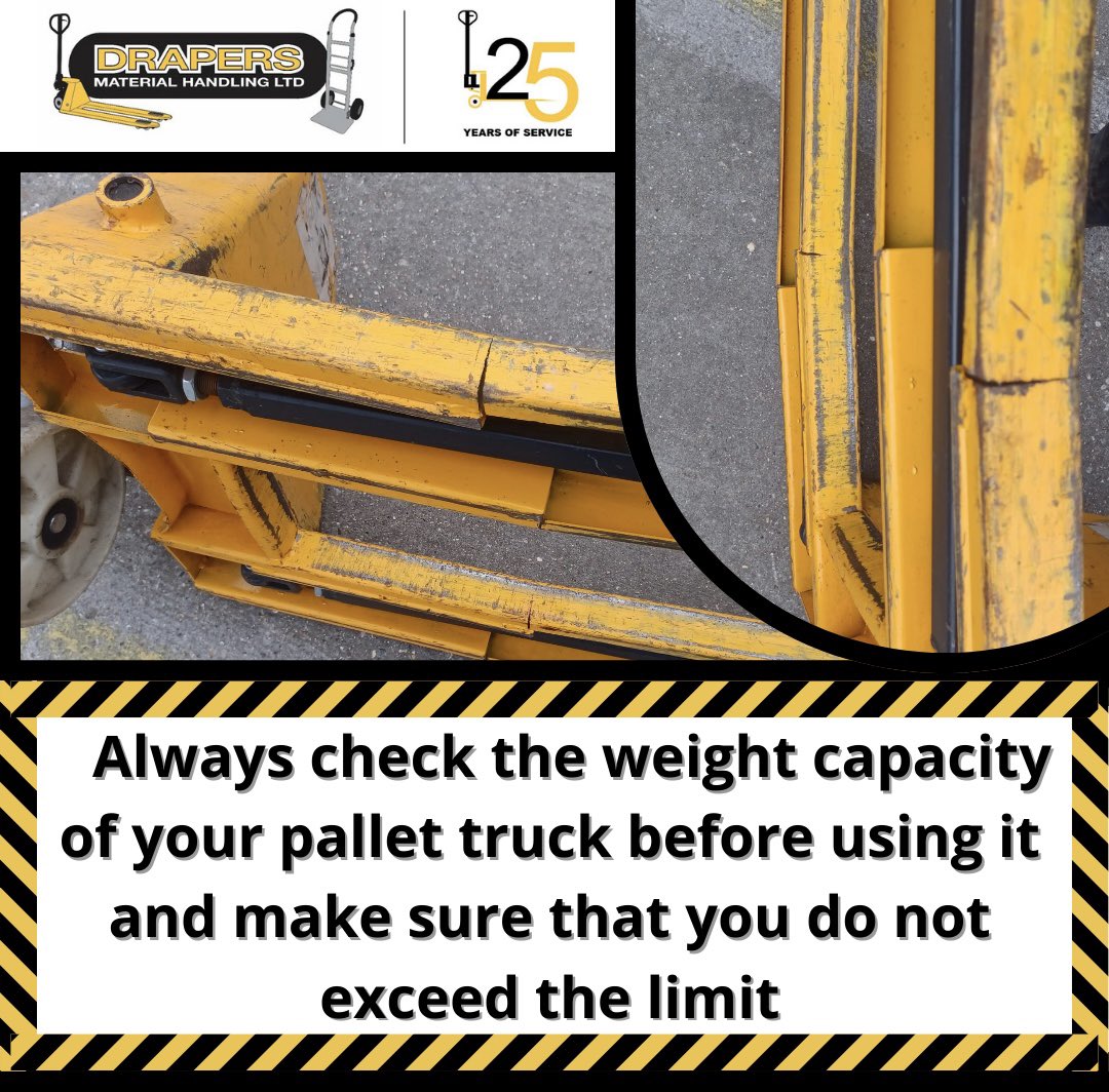 Pallet trucks are designed to carry a specific weight limit, and exceeding this limit can cause accidents and damage to the truck like this one when it was overloaded causing it to snap. We sell a range of heavy duty pallet trucks visit our website shop: drapersmaterialhandling.co.uk/product-catego…
