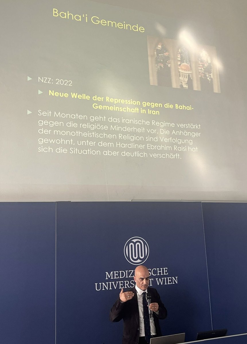 Thank you @sirmirzaei , President of the Iranian Medical Professionals for #HumanRights in Iran - Austria for highlighting the plight of #Bahai in #Iran during last week's conference on genocide attended by psychiatrists at @MedUni Wien Medical University Vienna #OurStorylsOne