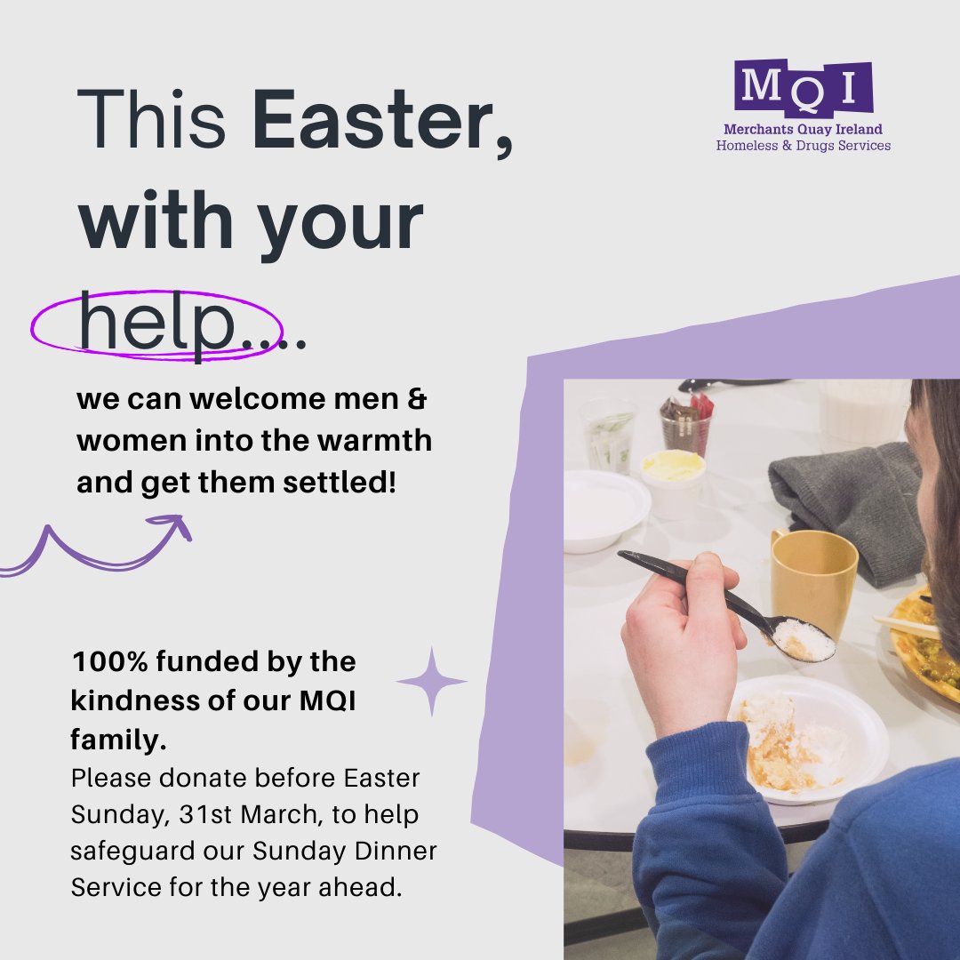 This Easter, let's make Sundays a day of hope and renewal for everyone. Support MQI's Sunday Dinner Service and help us provide warmth, companionship, and nourishment to those experiencing homelessness. 🔗Donate today here mqi.ie/this-lent-you-…