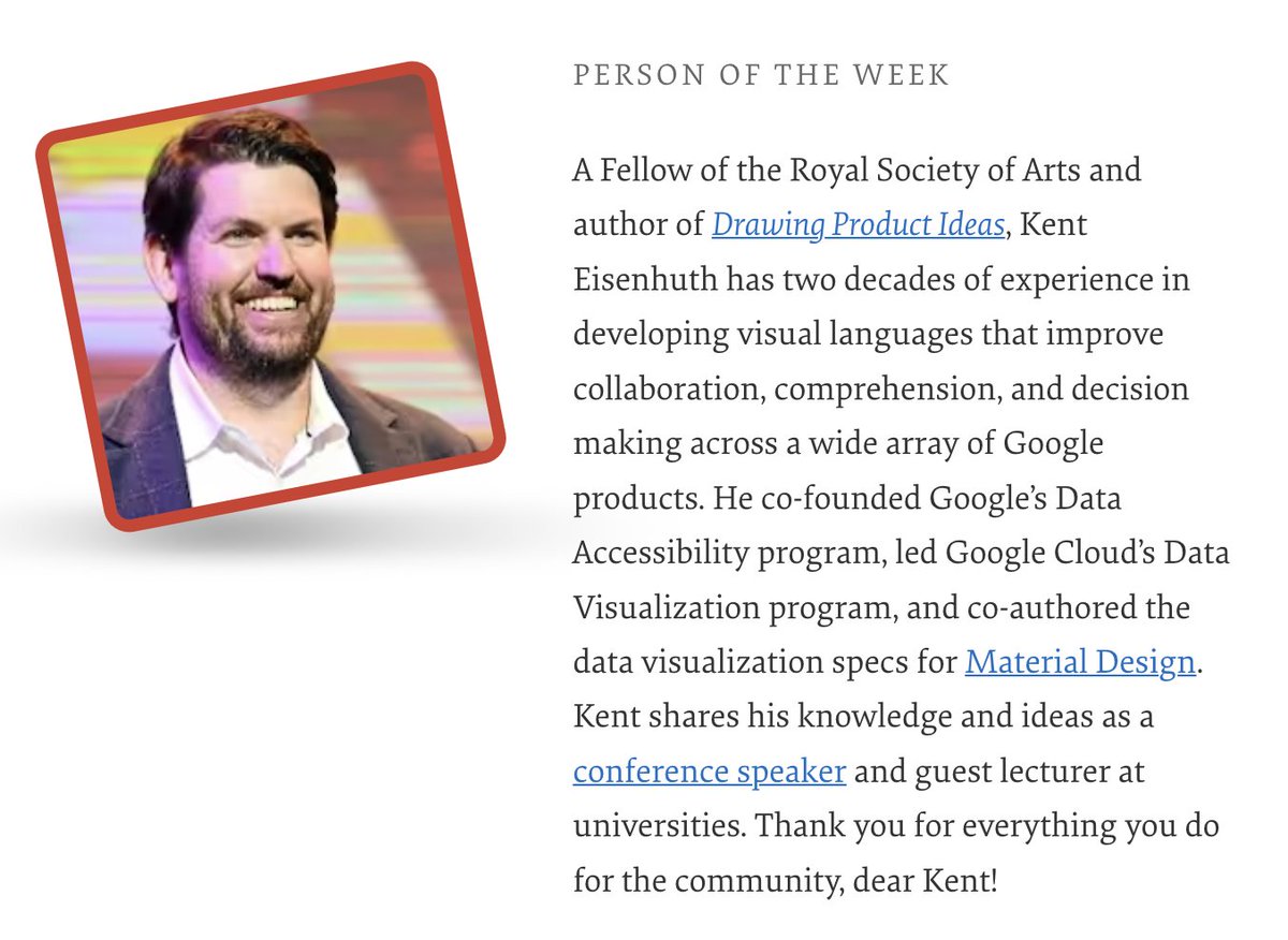 Our Person of the Week is a Datavis Lead at Google, passionate about visual languages, design systems, and data accessibility. Please give a warm round of applause for... Kent Eisenhuth! Thank you for everything you do for the community, dear @KentTheHuth! #smashingcommunity