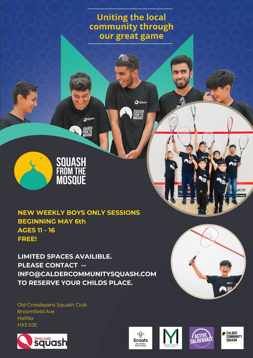 New weekly #squashfromthemosque boys sessions, beginning May 6th of May! 🕌 Get in touch to reserve your child’s place! Info@caldercommunitysquash.com ✌️ @51stpellon @_MYMovement @ActiveCdale #bethechange