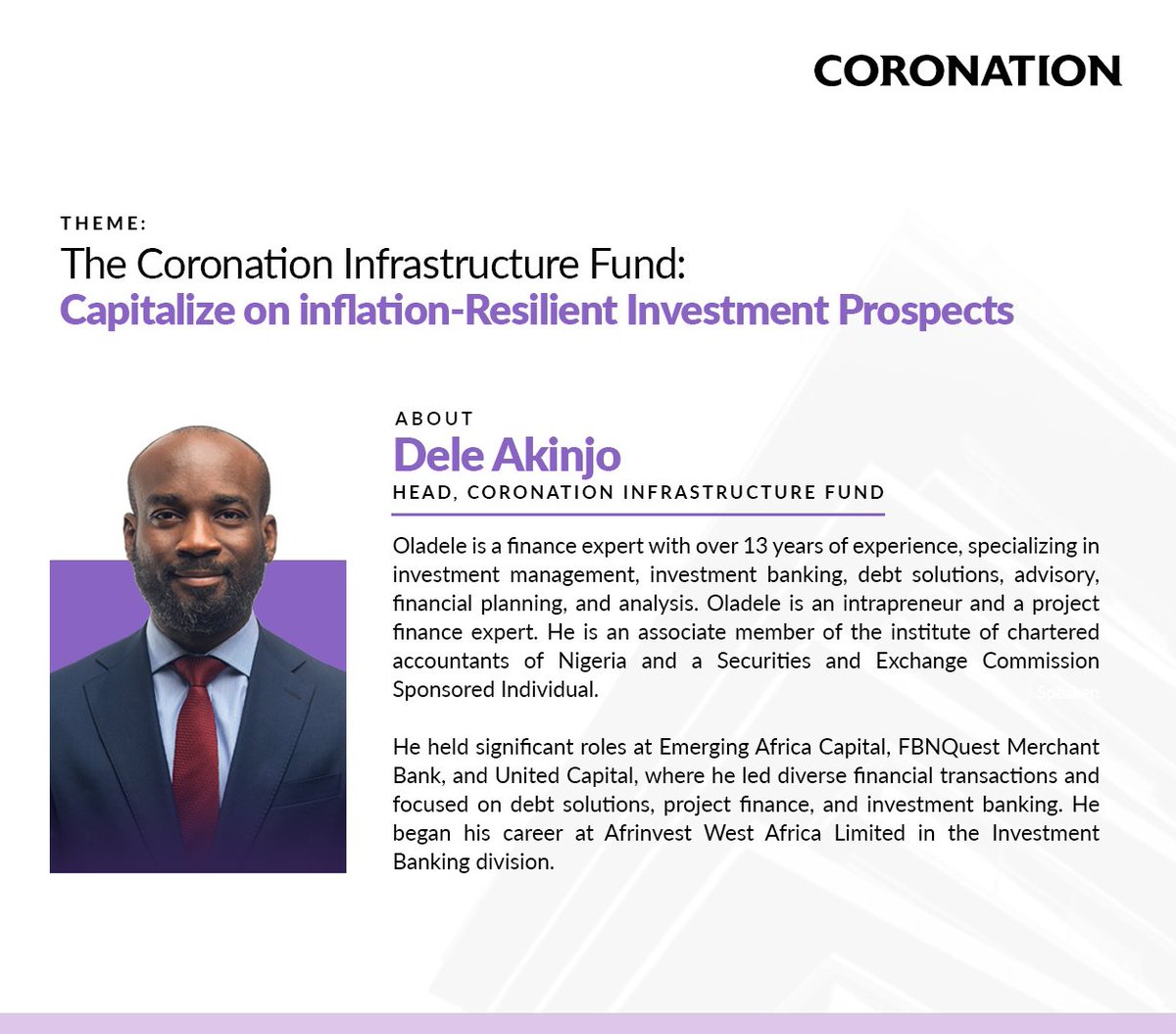 coronation_ng's tweet image. Meet Dele Akinjo 🎙️🎙️
Head, Coronation Infrastructure Fund.
A finance expert with over a decade experience.

Take advantage of our free webinar to learn about this key investment opportunity.

forms.office.com/r/8LQk9Putja

Use the link to register

#Coronation #InfrastructureFund