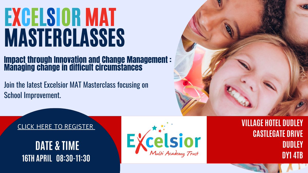 Join us for our FREE Masterclasses on 16th April in #Dudley, where we’ll be sharing strategies for managing change in challenging circumstances.
Limited places available and breakfast is included.😉
Join now: eventbrite.co.uk/e/excelsior-ma…
#masterclass #leadership #governor #headteacher